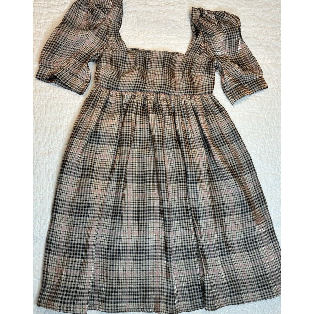 Plaid Organza Mini Babydoll Dress Sz Small Lined Square Neck Coquette Romantic